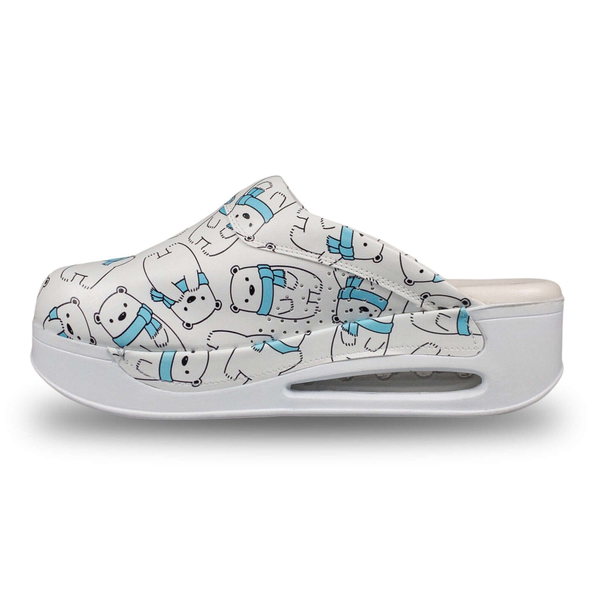Angled three-quarter view of handmade polar bear design leather clogs with an Air Clogx sole