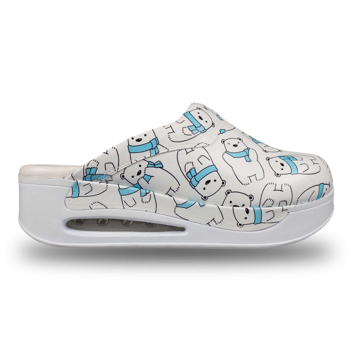 Close-up of the printed design on handmade polar bear design leather clogs with an Air Clogx sole