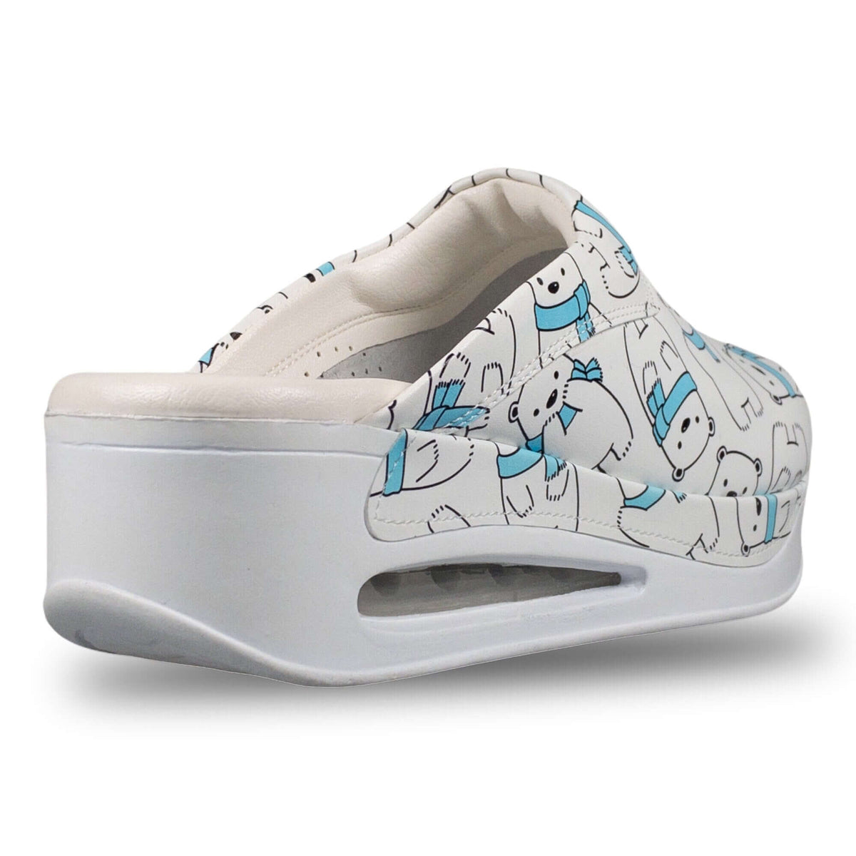 Heel and back view of handmade polar bear design leather clogs with an Air Clogx sole