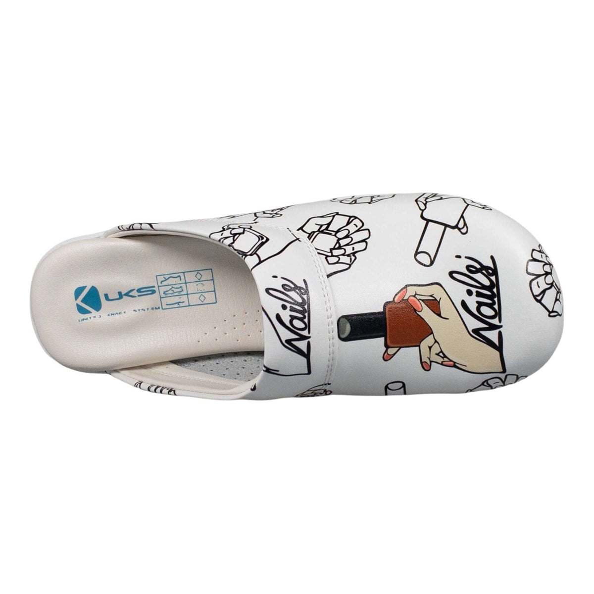 Heel and back view of handmade nail pattern leather clogs with an Air Clogx sole