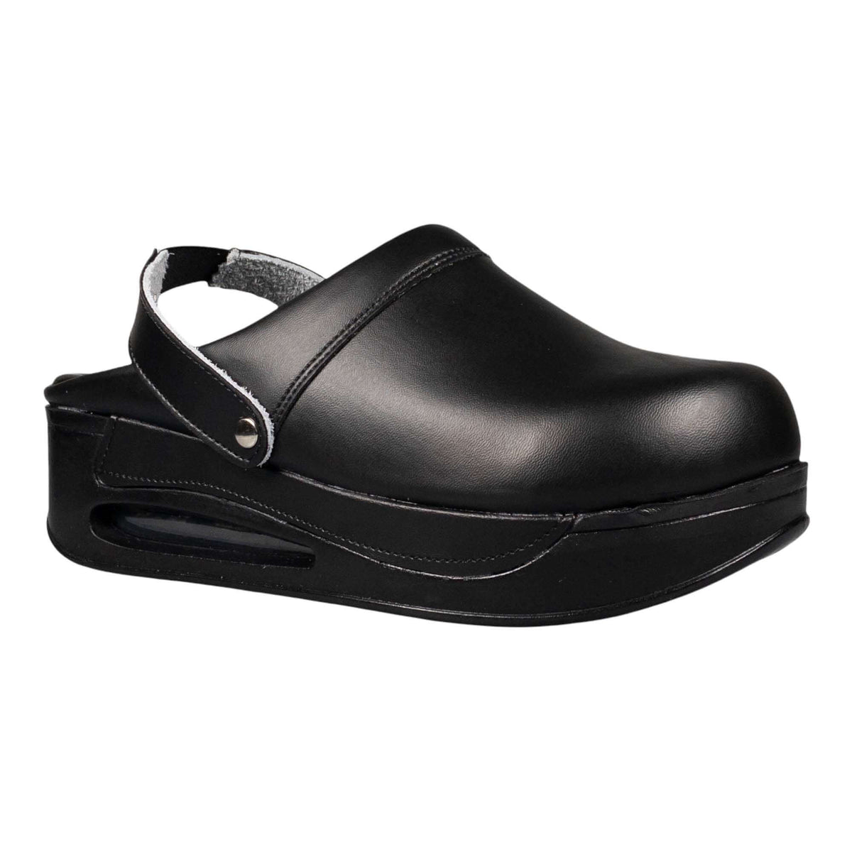 Black leather back strap clogs with an Air Clogx sole worn on the foot