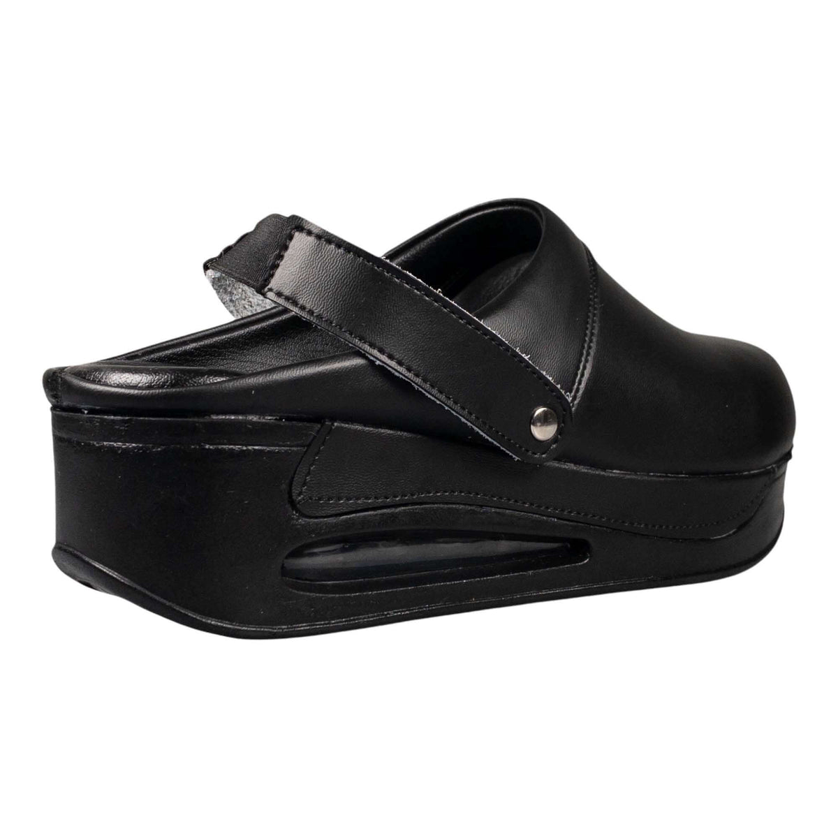 Footbed detail of black leather back strap clogs with an Air Clogx sole