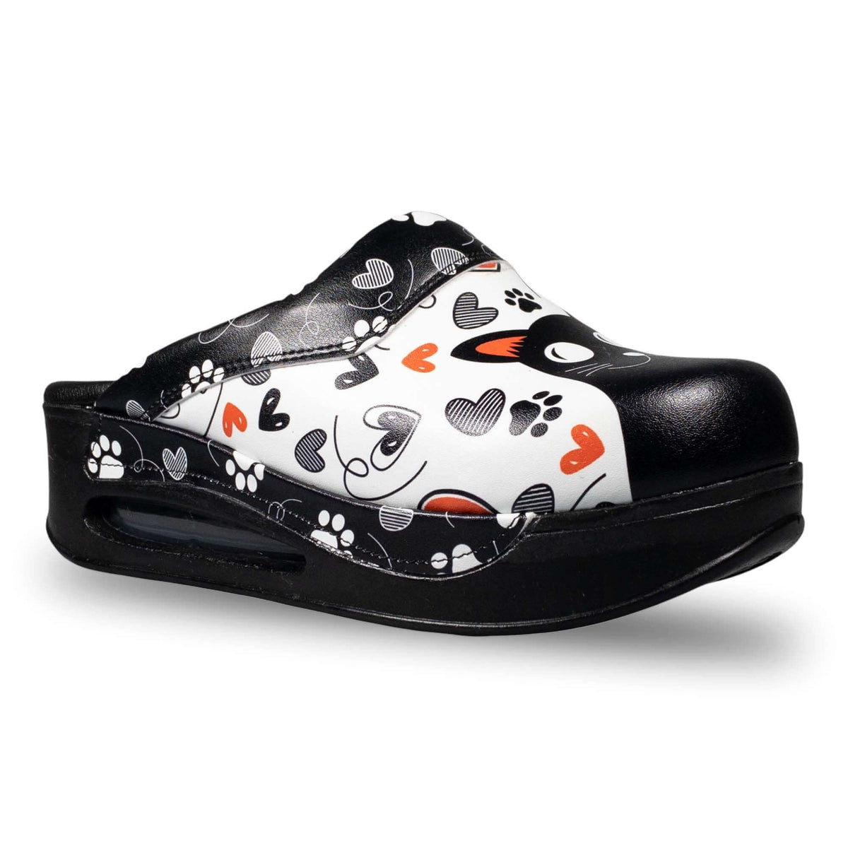 Handmade black cat design leather clog slippers with an Air Clogx sole worn on the foot