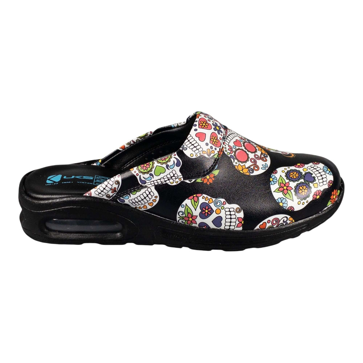 Unisex skull and flower design leather clogs with a light sole worn on the foot