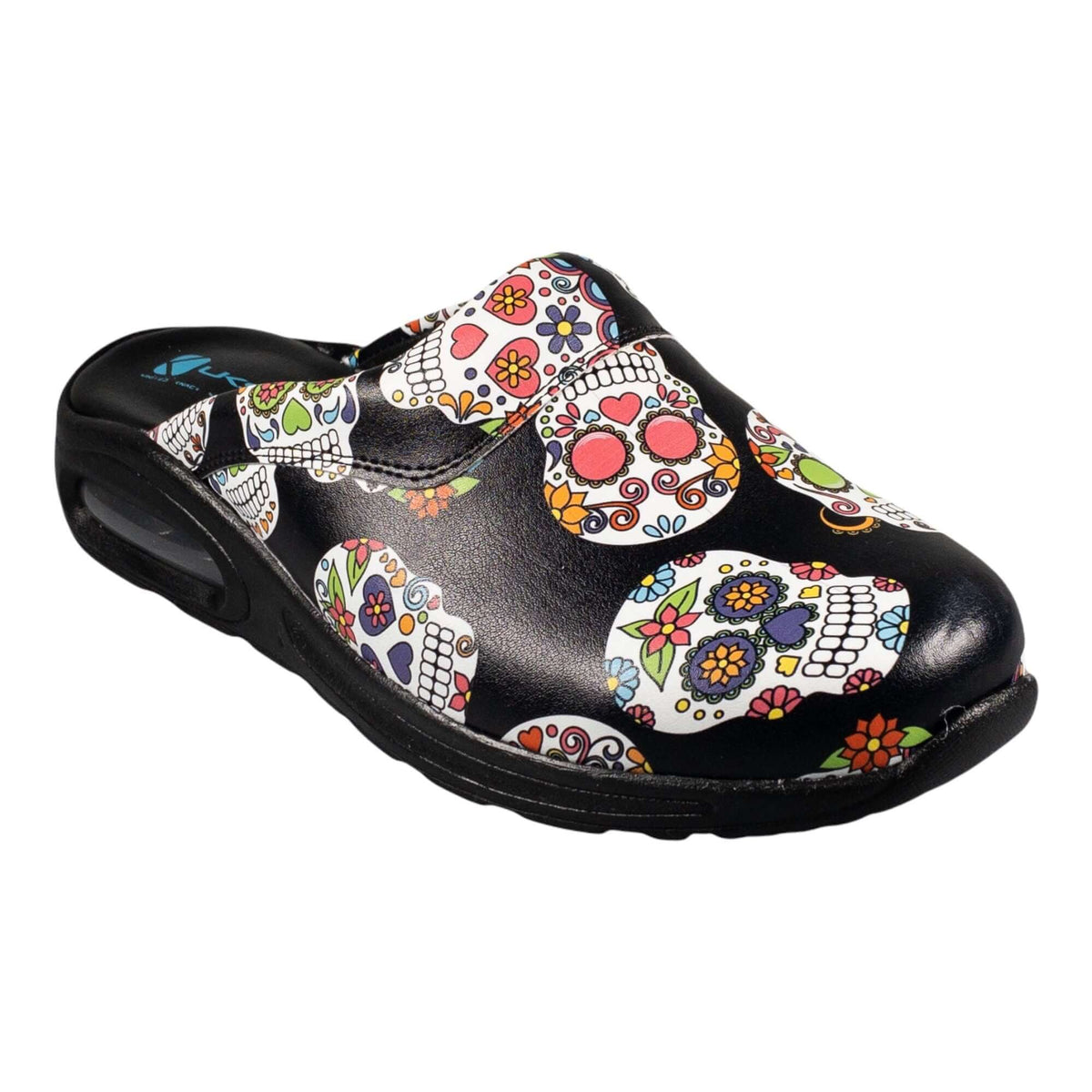 Sole and tread detail of unisex skull and flower design leather clogs with a light sole