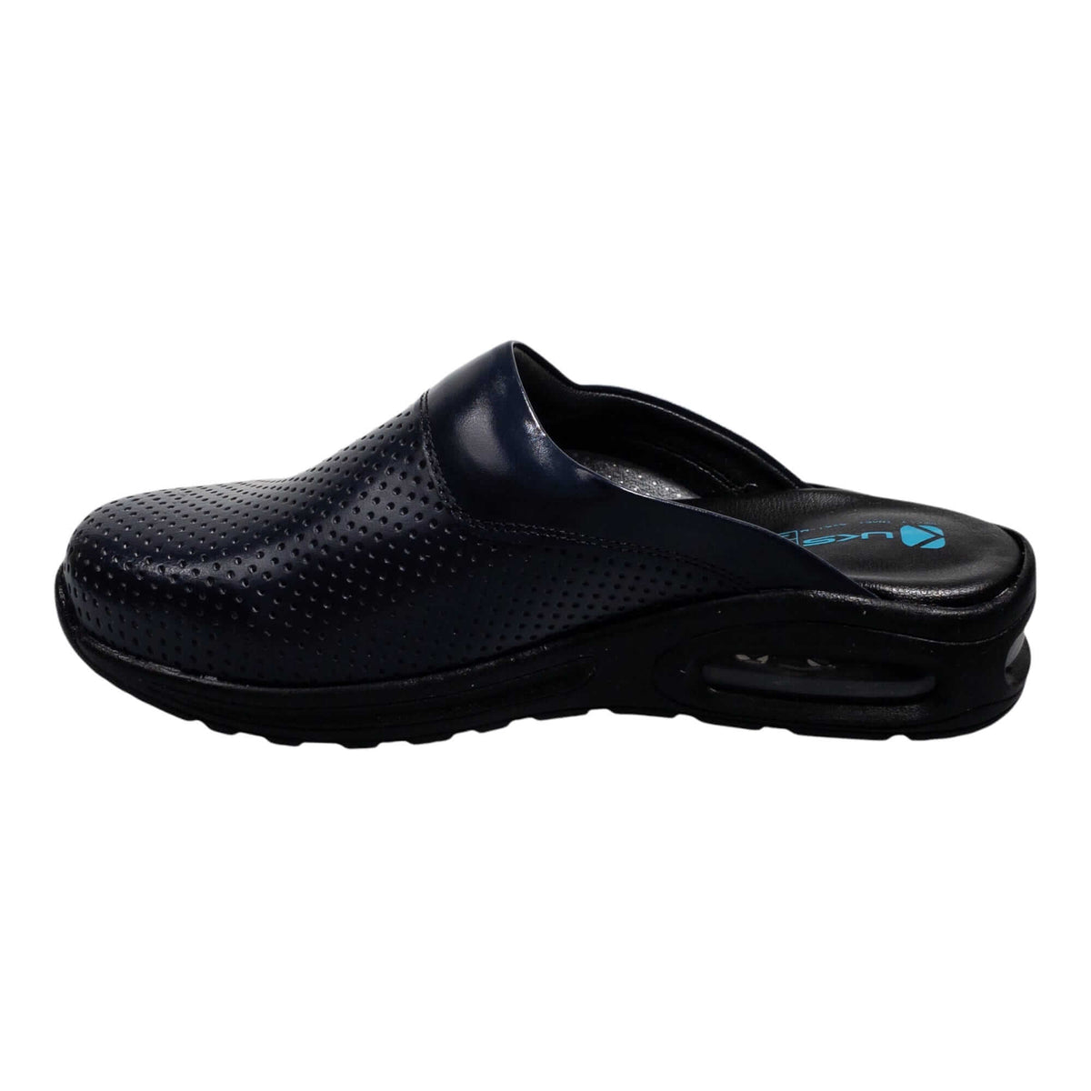 Footbed detail of navy blue leather clogs with a light Air Clogx sole