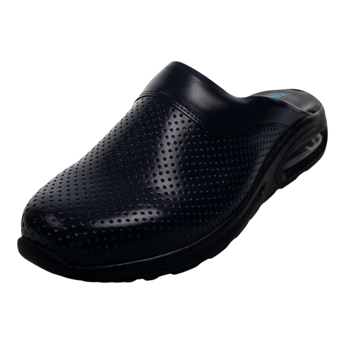 Top-down view of navy blue leather clogs with a light Air Clogx sole
