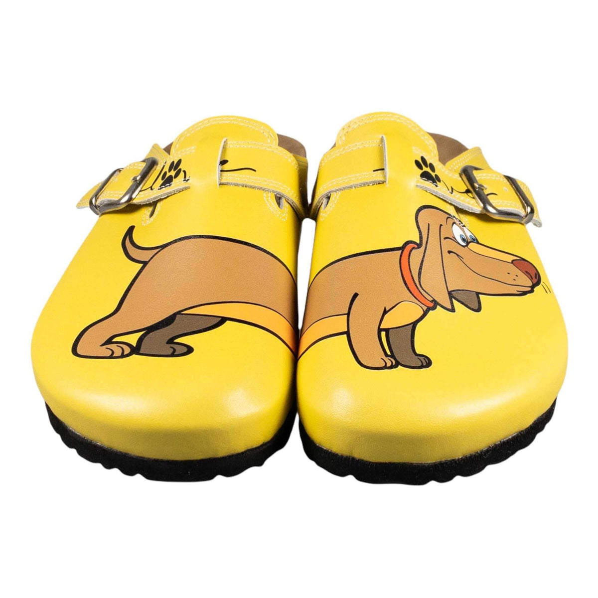 Top-down view of the sausage dog print leather cork clogs