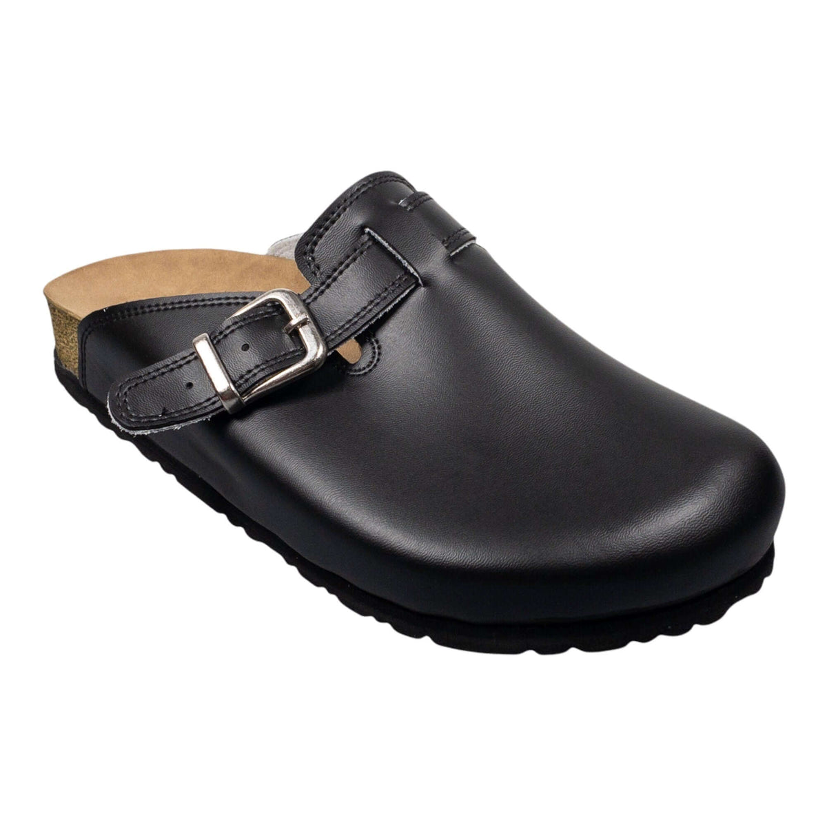 Adjustable strap detail on black leather cork sole clogs