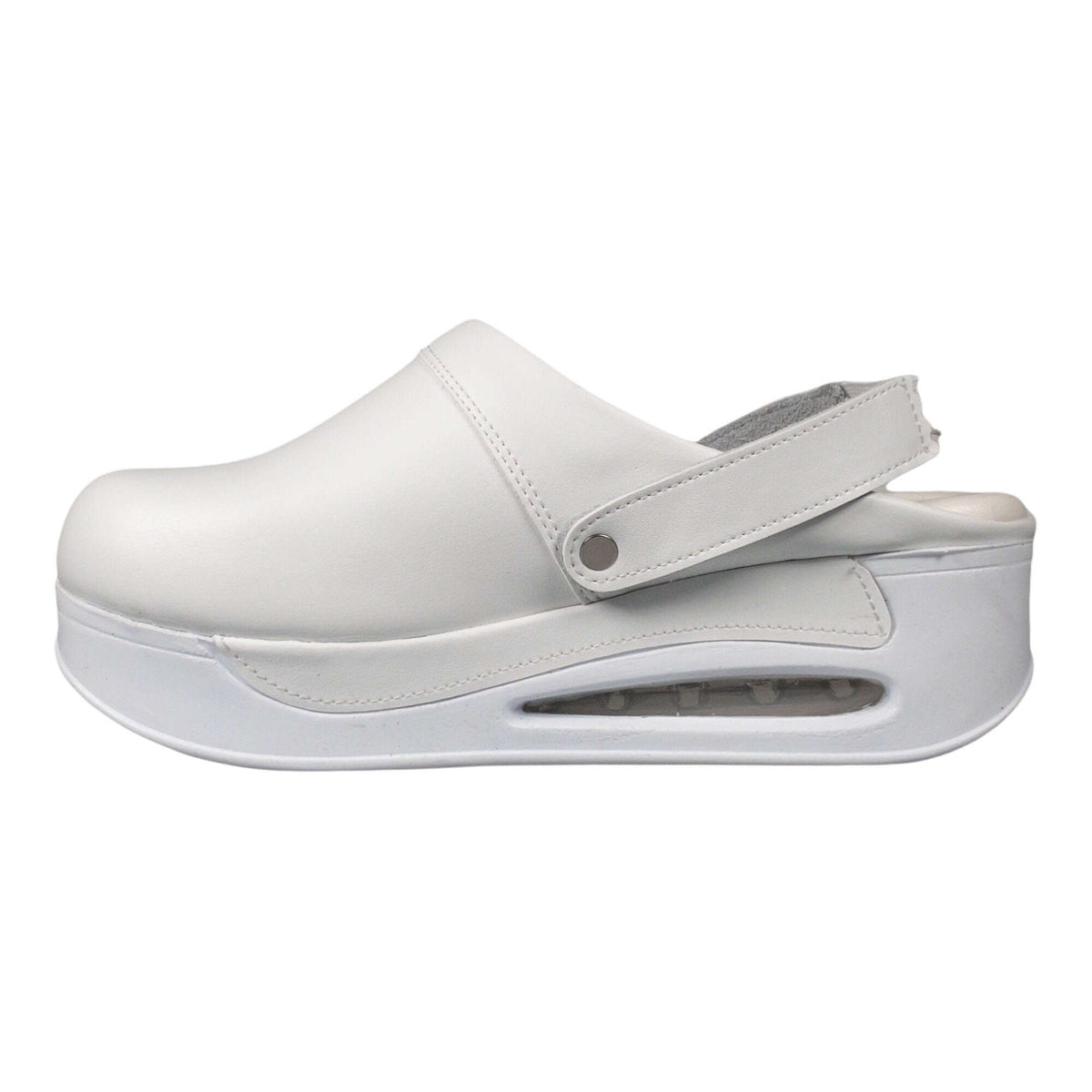 Sole and tread detail of handmade white leather clogs with a breathable Air Clogx sole