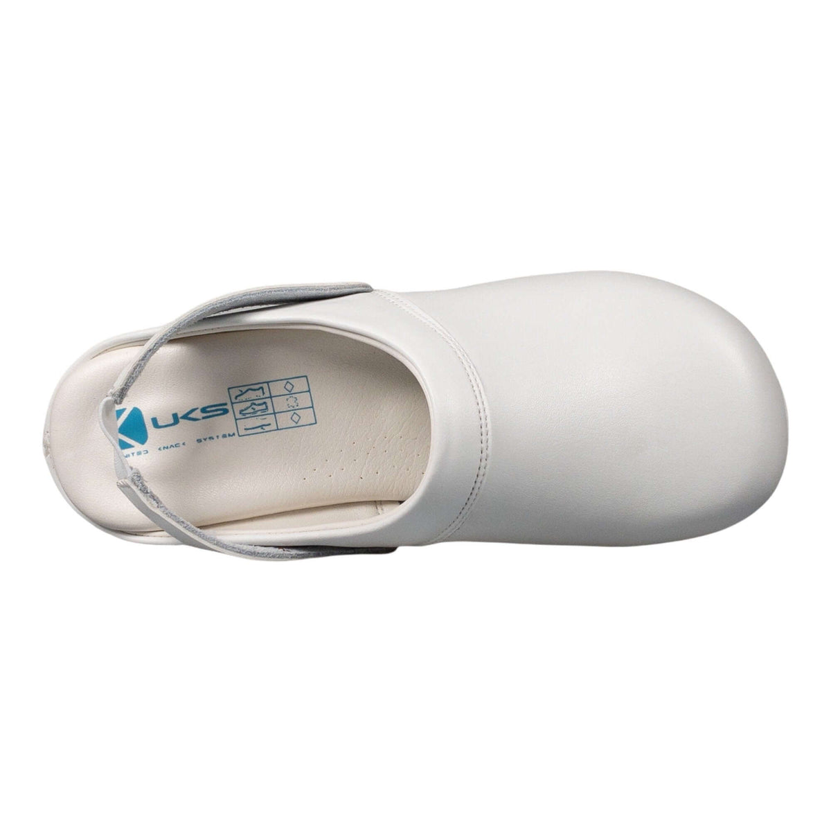 Footbed detail of handmade white leather clogs with a breathable Air Clogx sole