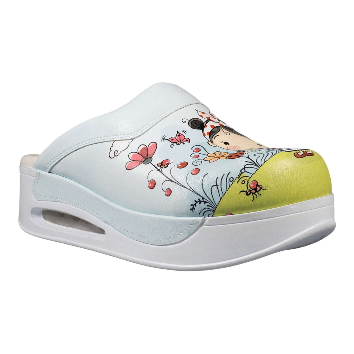 Handmade little girl design leather clogs with an Air Clogx sole worn on the foot