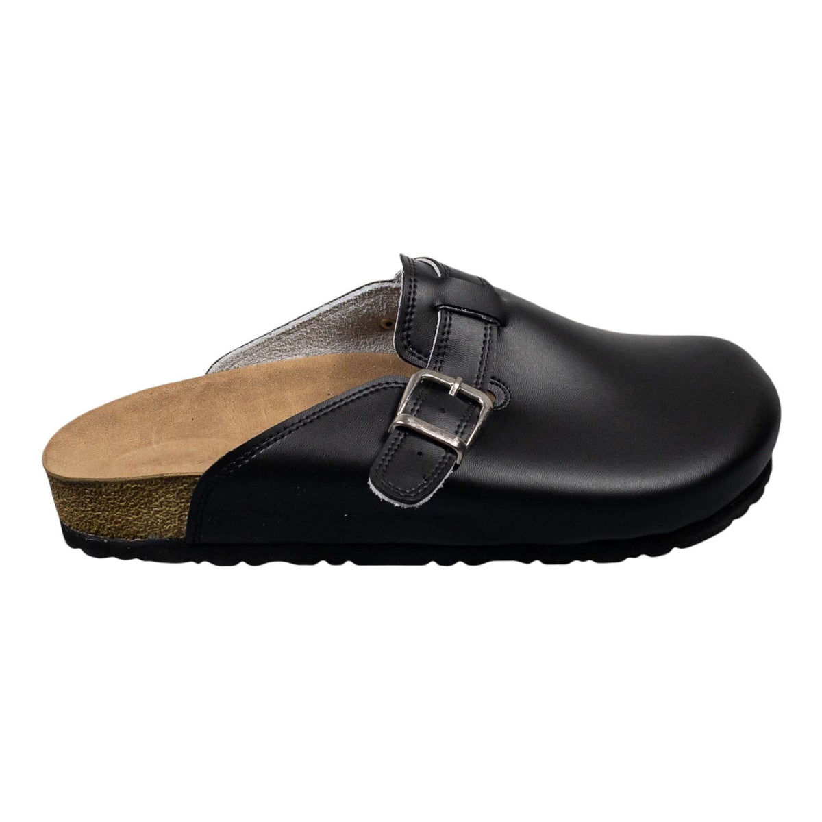 Black leather cork sole clogs seen from the side