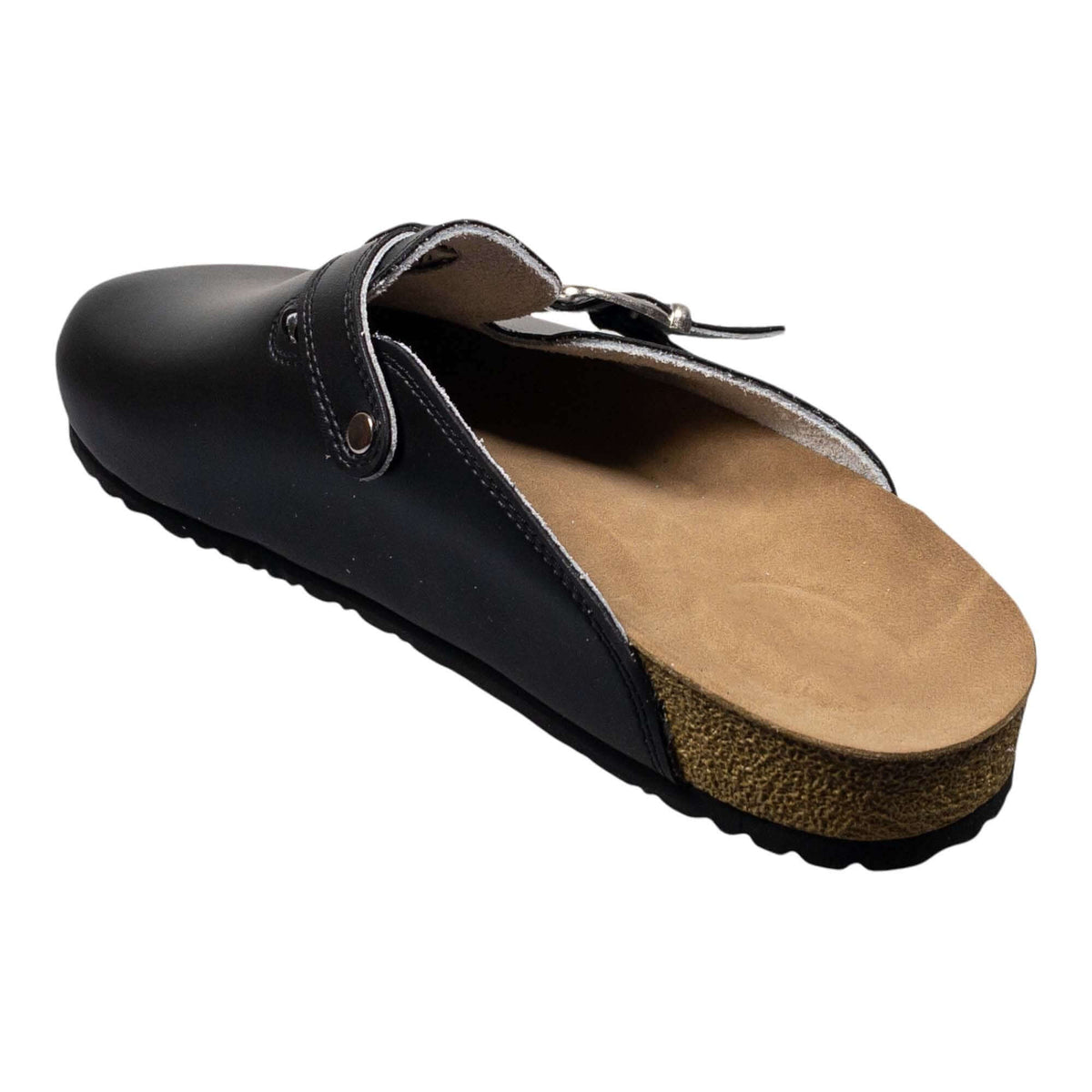 Contoured footbed of the black leather cork sole clogs
