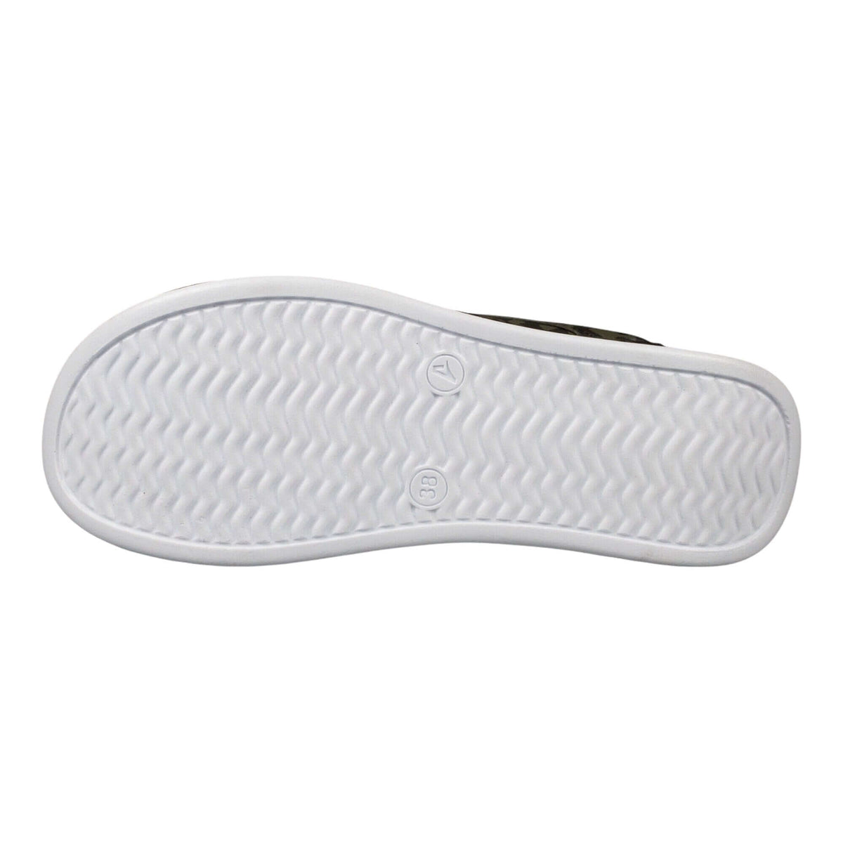 Angled three-quarter view of camouflage leather clogs with a white Air Clogx sole