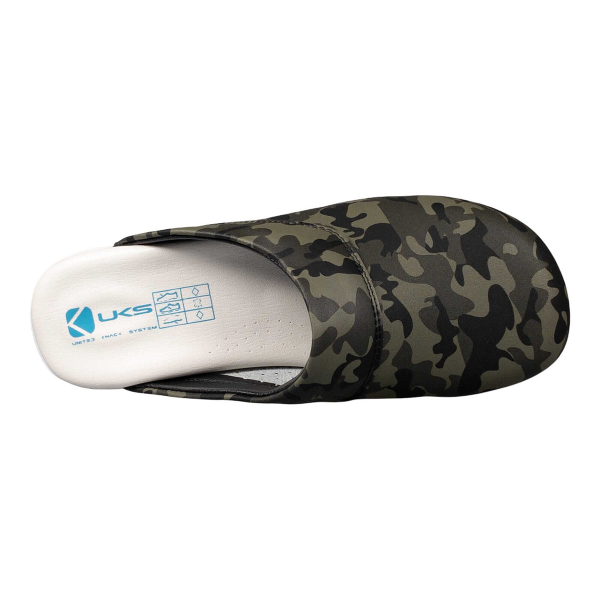 Close-up of the printed design on camouflage leather clogs with a white Air Clogx sole