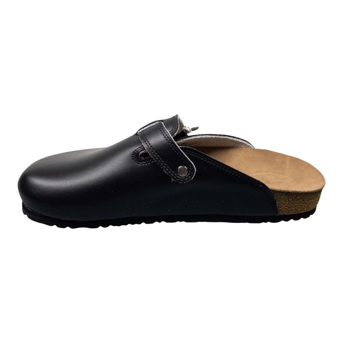 Non-slip outsole detail on black leather cork clogs