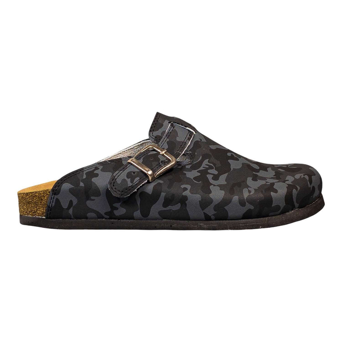 Camouflage leather cork sole clogs worn on the foot