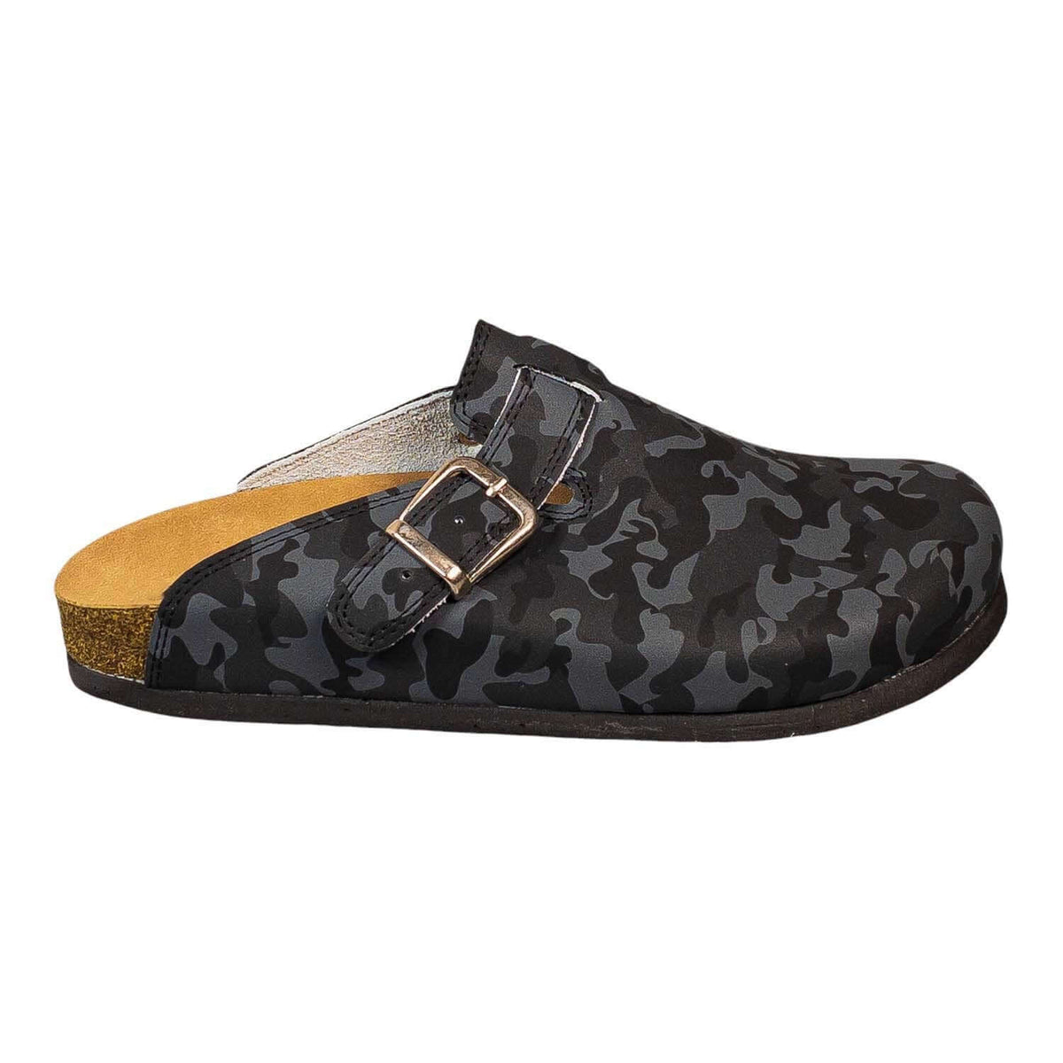 Orthopedic footbed of the camouflage leather cork clogs