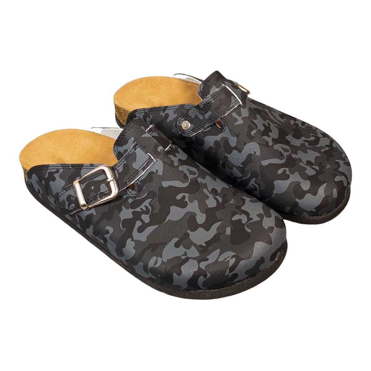 Cork sole and tread detail on camouflage leather clogs