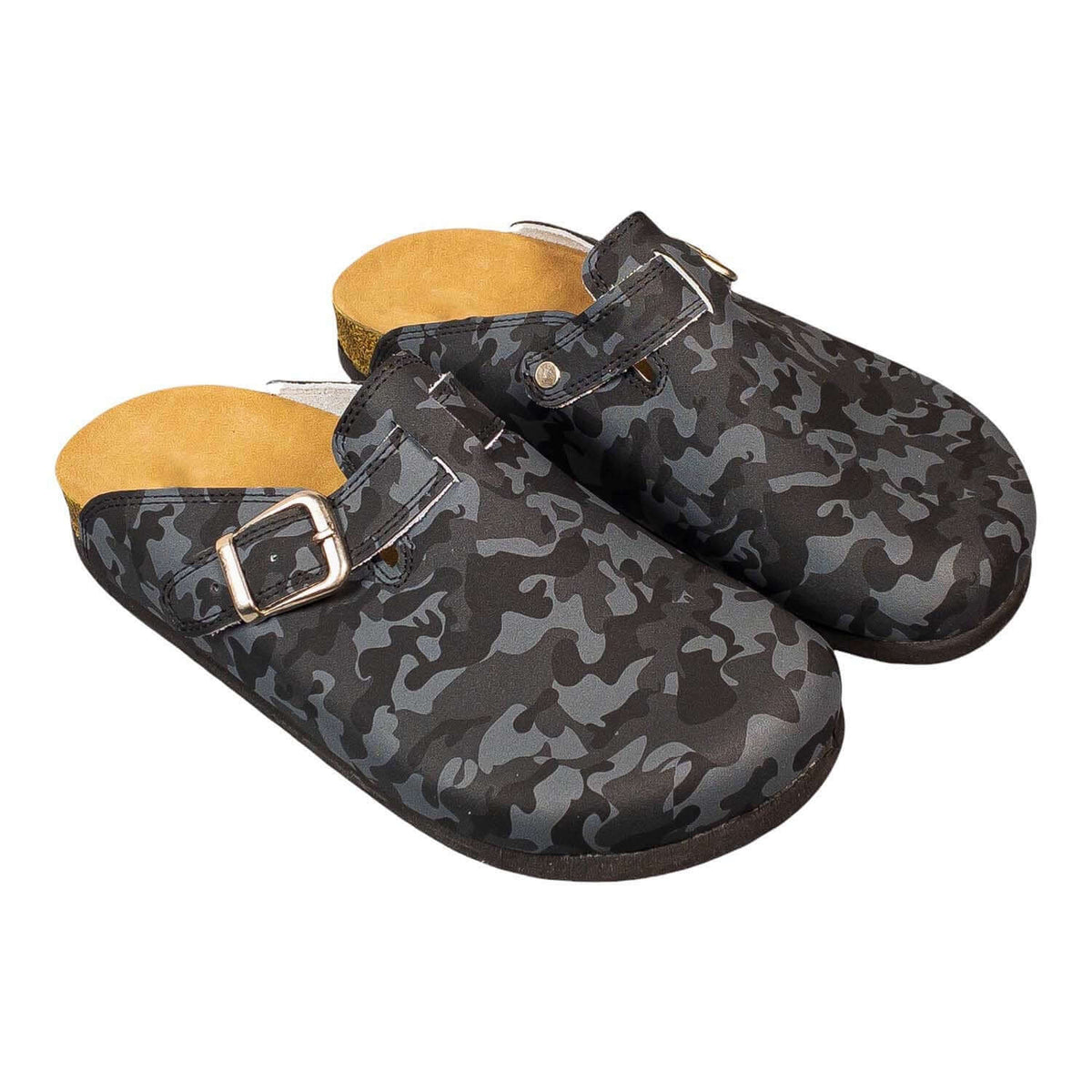 Leather strap detail on the camouflage cork sole clogs