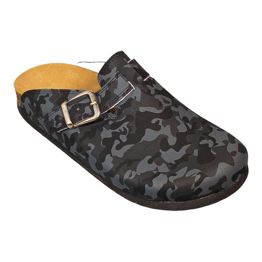 Camouflage print leather clogs with cork sole, front view