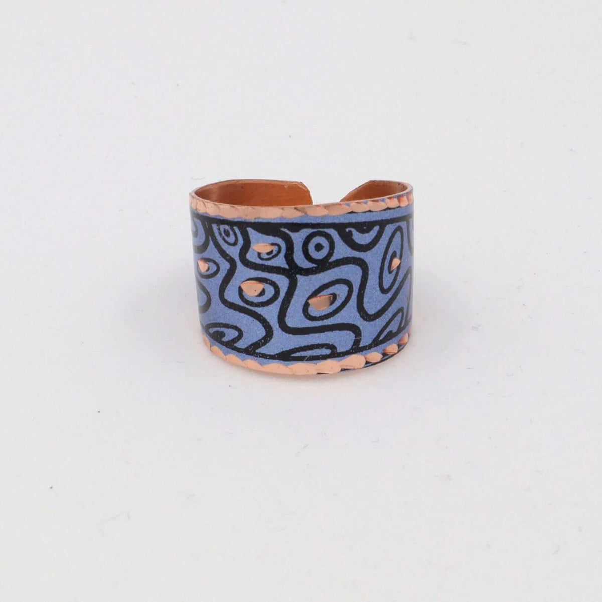 Front view of handcrafted copper circle adjustable ring