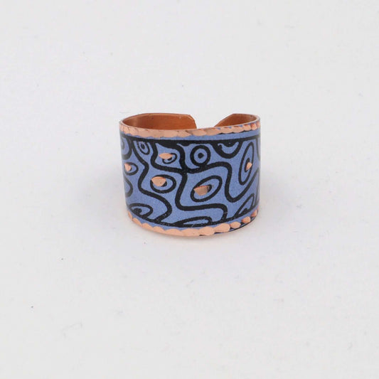 Front view of handcrafted copper circle adjustable ring