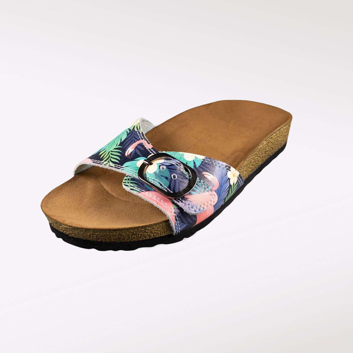 Artisan flamingo design open toe leather sandals worn on the foot