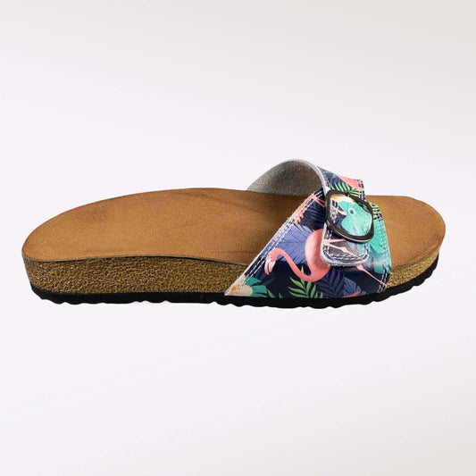 Front view of artisan flamingo design open toe leather sandals