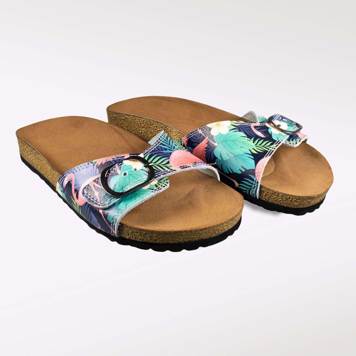 Sole and tread detail of artisan flamingo design open toe leather sandals