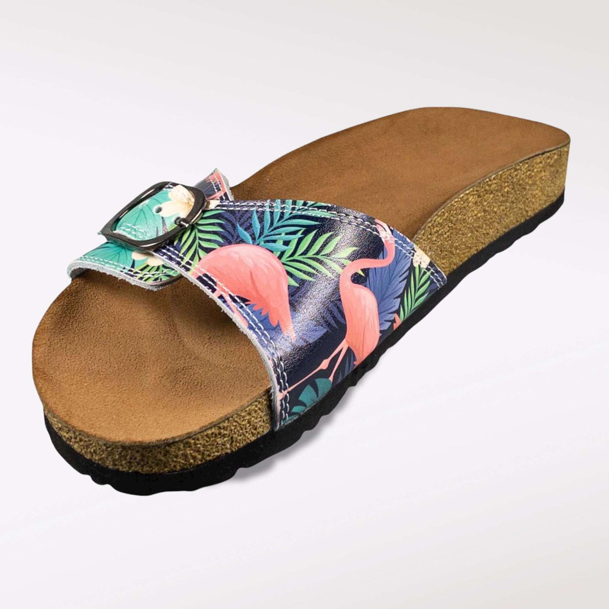 Top-down view of artisan flamingo design open toe leather sandals