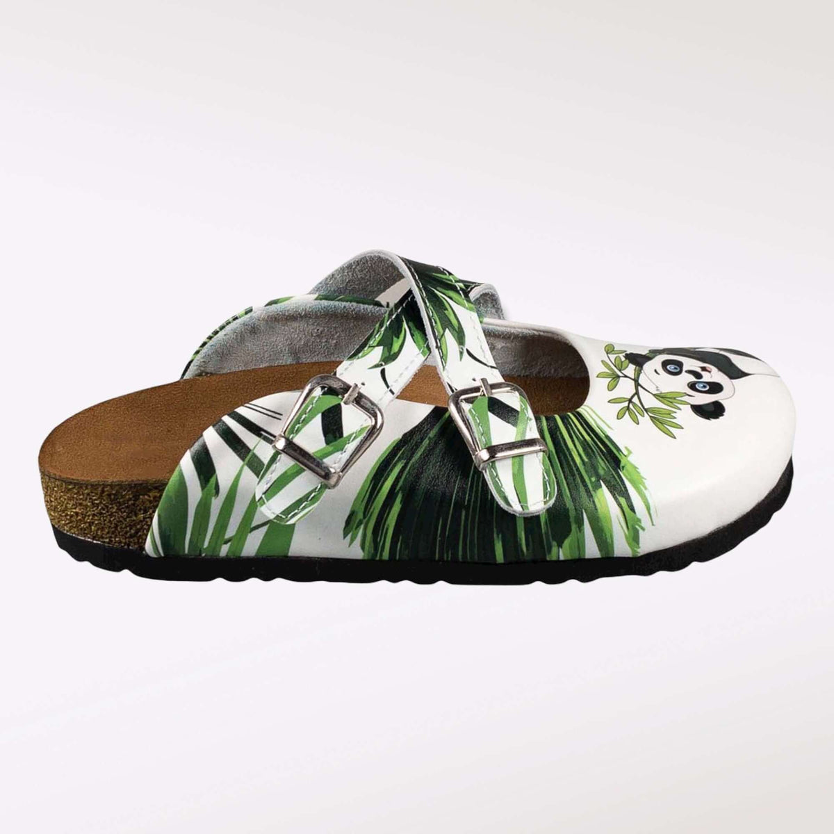 Cross band strap detail on the panda tree leather clogs
