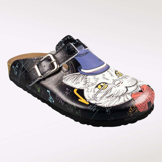 Closed toe leather clogs with cat print and cork sole, front view
