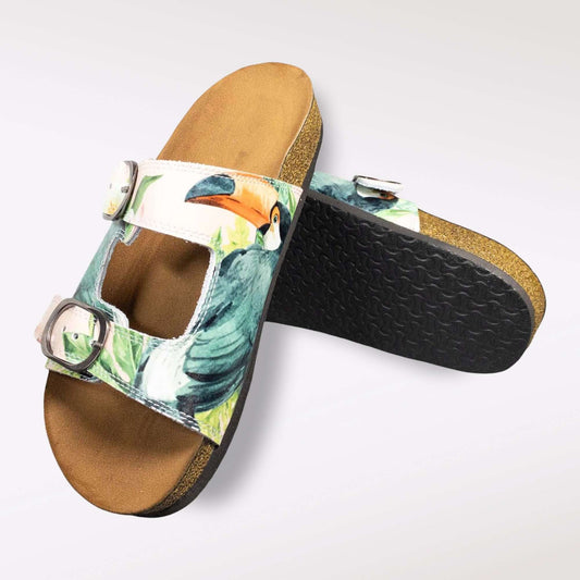 Front view of tropical print double band open toe leather sandals