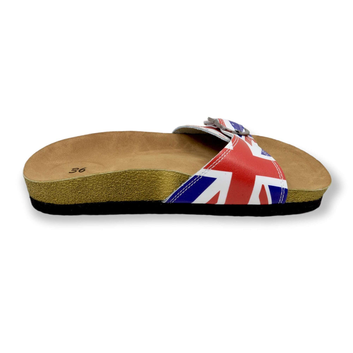Strap and buckle detail on British flag single band open toe leather sandals