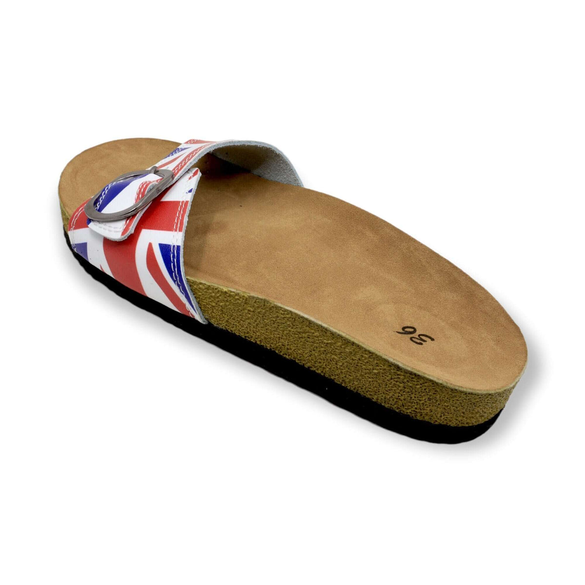 British flag single band open toe leather sandals worn on the foot