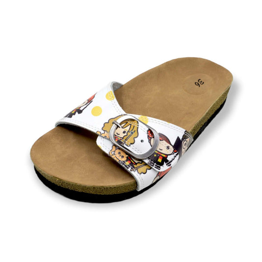 Front view of wizard design single band open toe leather sandals