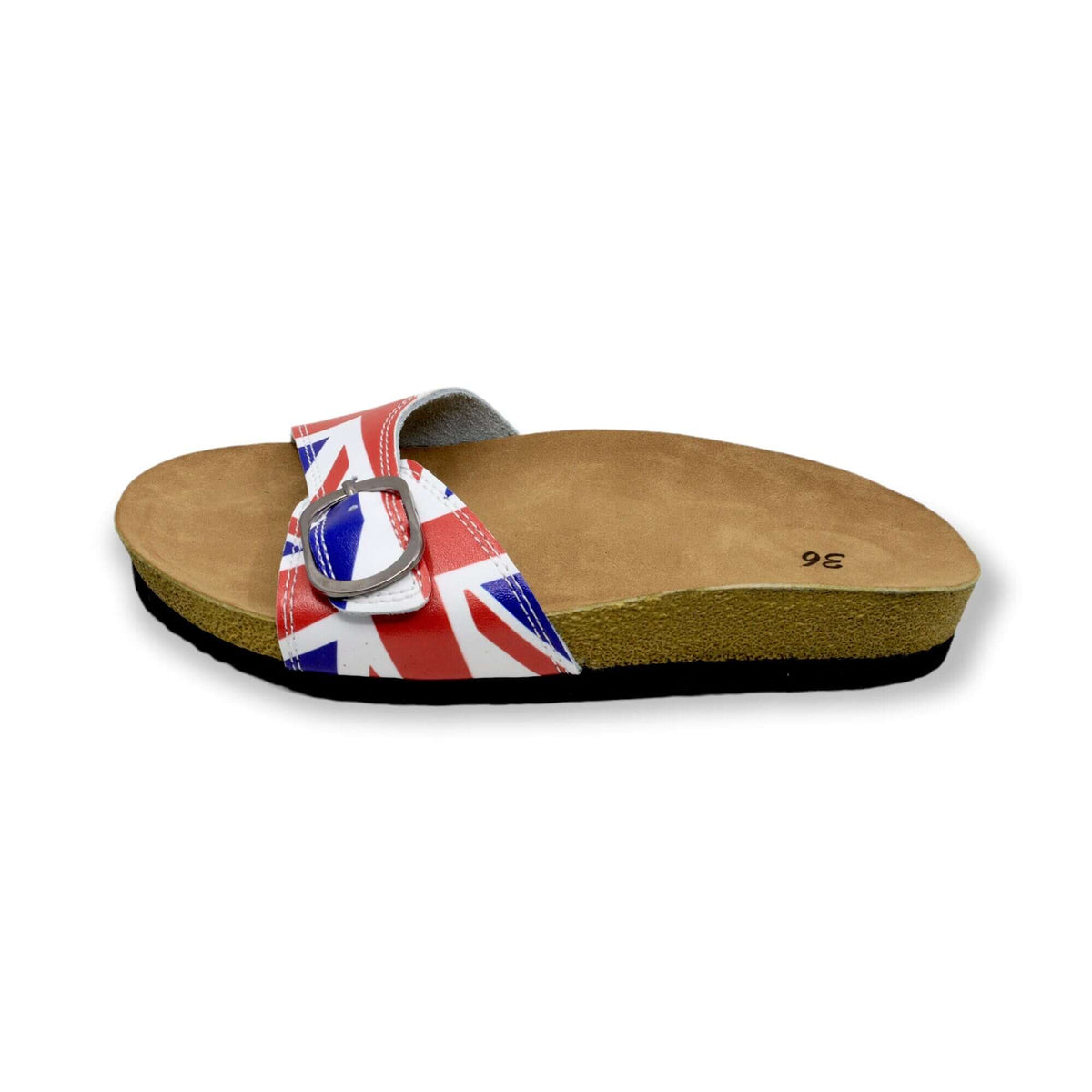 Sole and tread detail of British flag single band open toe leather sandals