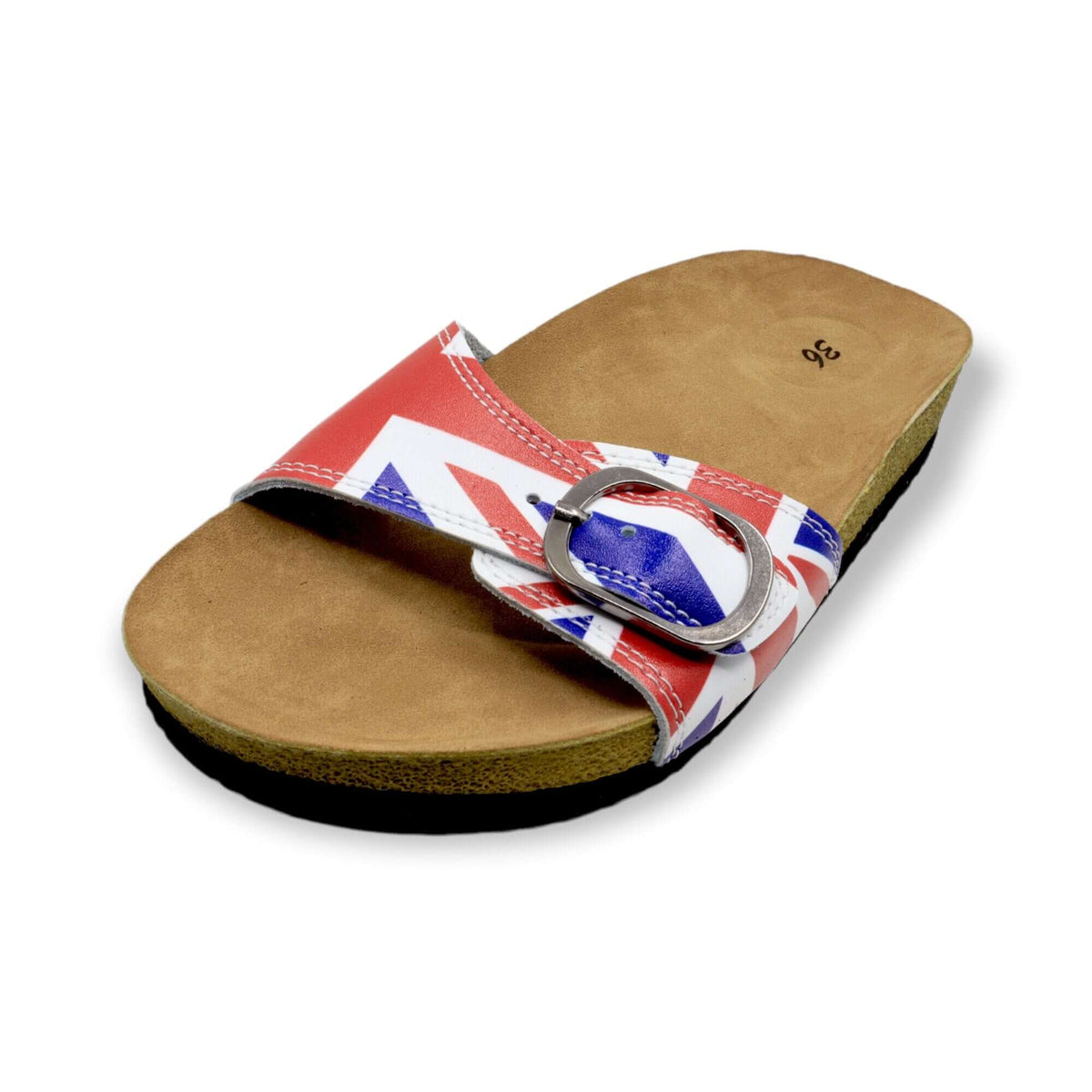 Side profile of British flag single band open toe leather sandals