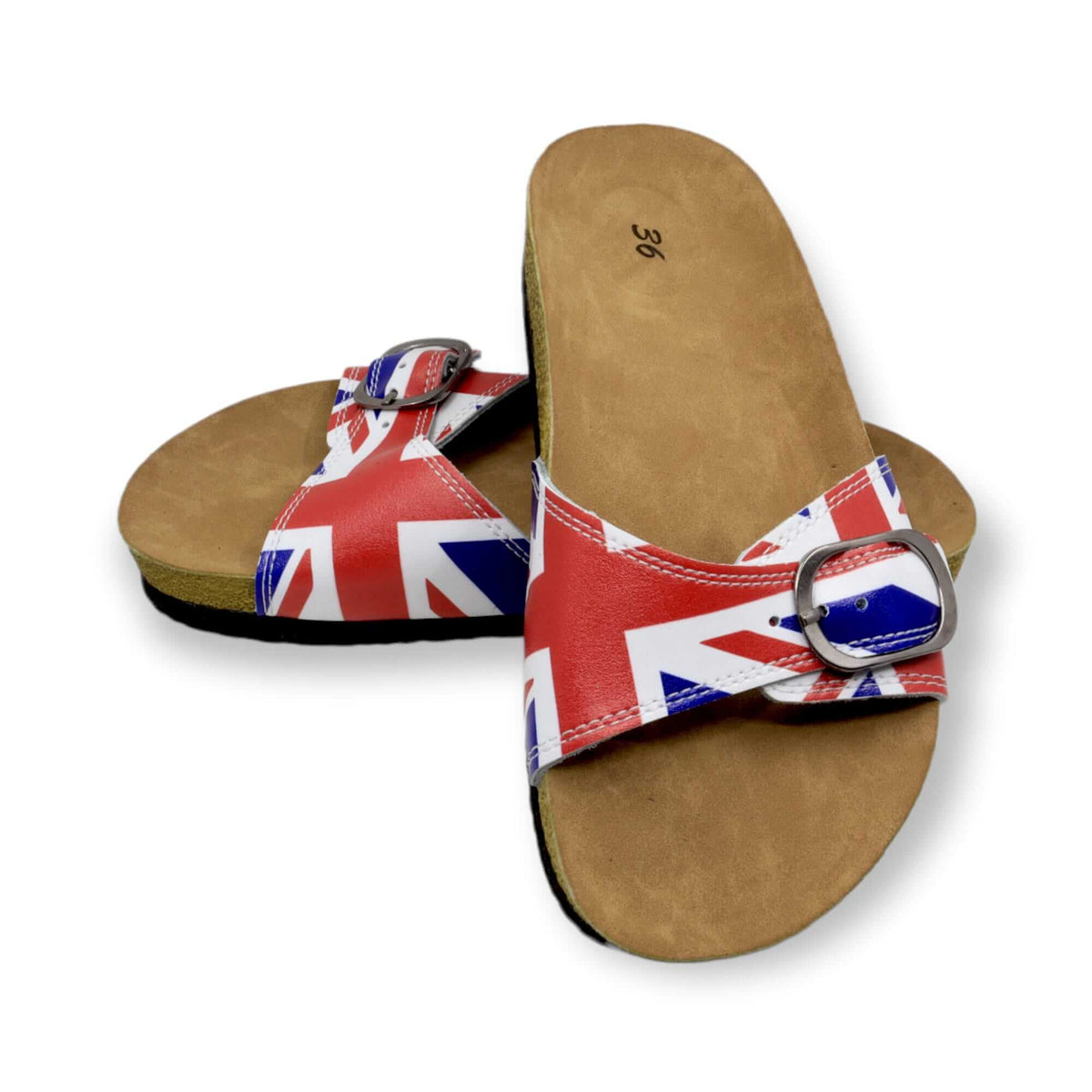 Front view of British flag single band open toe leather sandals