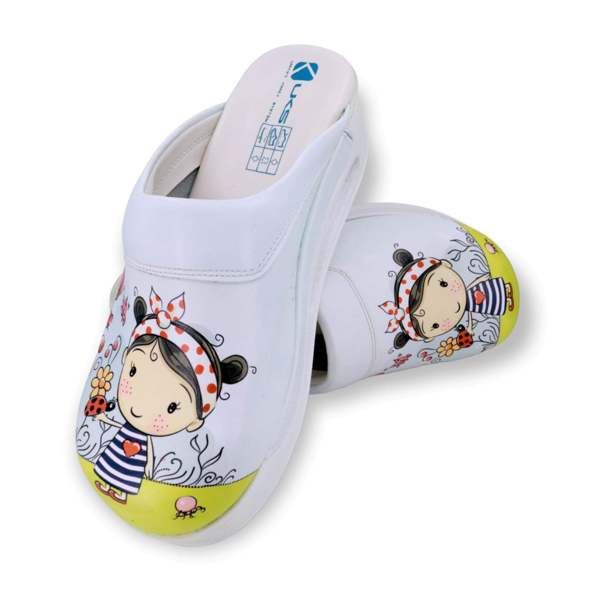Front view of handmade little girl design leather clogs with an Air Clogx sole