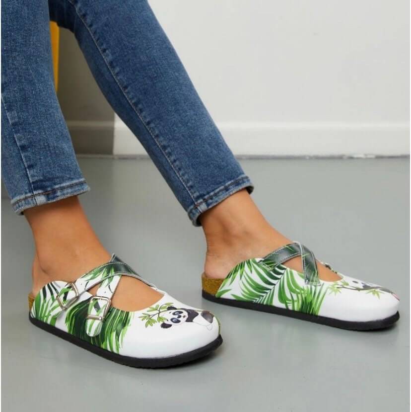 Panda and tree print leather clogs with cork sole, front view