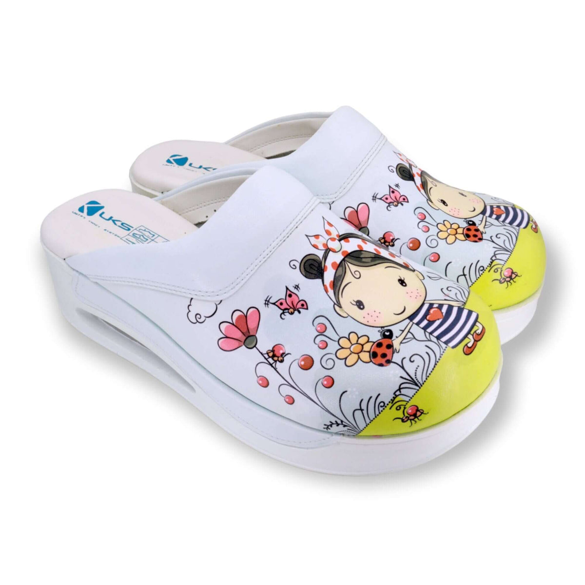 Sole and tread detail of handmade little girl design leather clogs with an Air Clogx sole