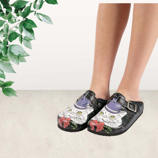 Professor cat print leather cork sole clogs in side profile