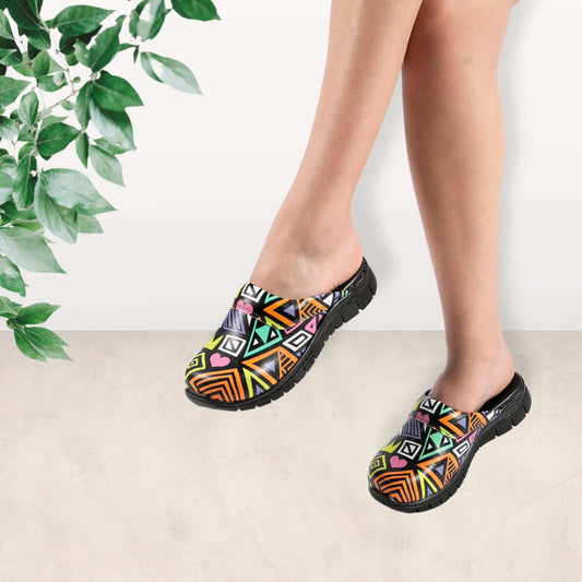 Front view of handmade unisex colourful leather clogs with a Comfortflex sole