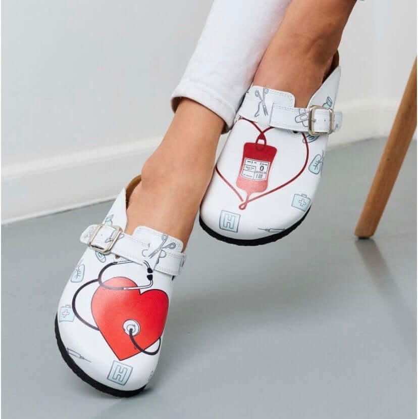 Doctor and nurse print leather clogs with cork sole, front view