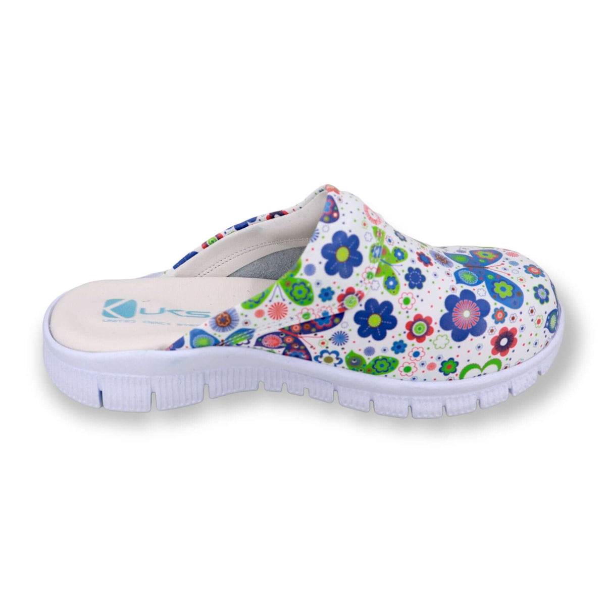 Close-up of the printed design on handmade butterfly design leather clogs with a Comfortflex sole