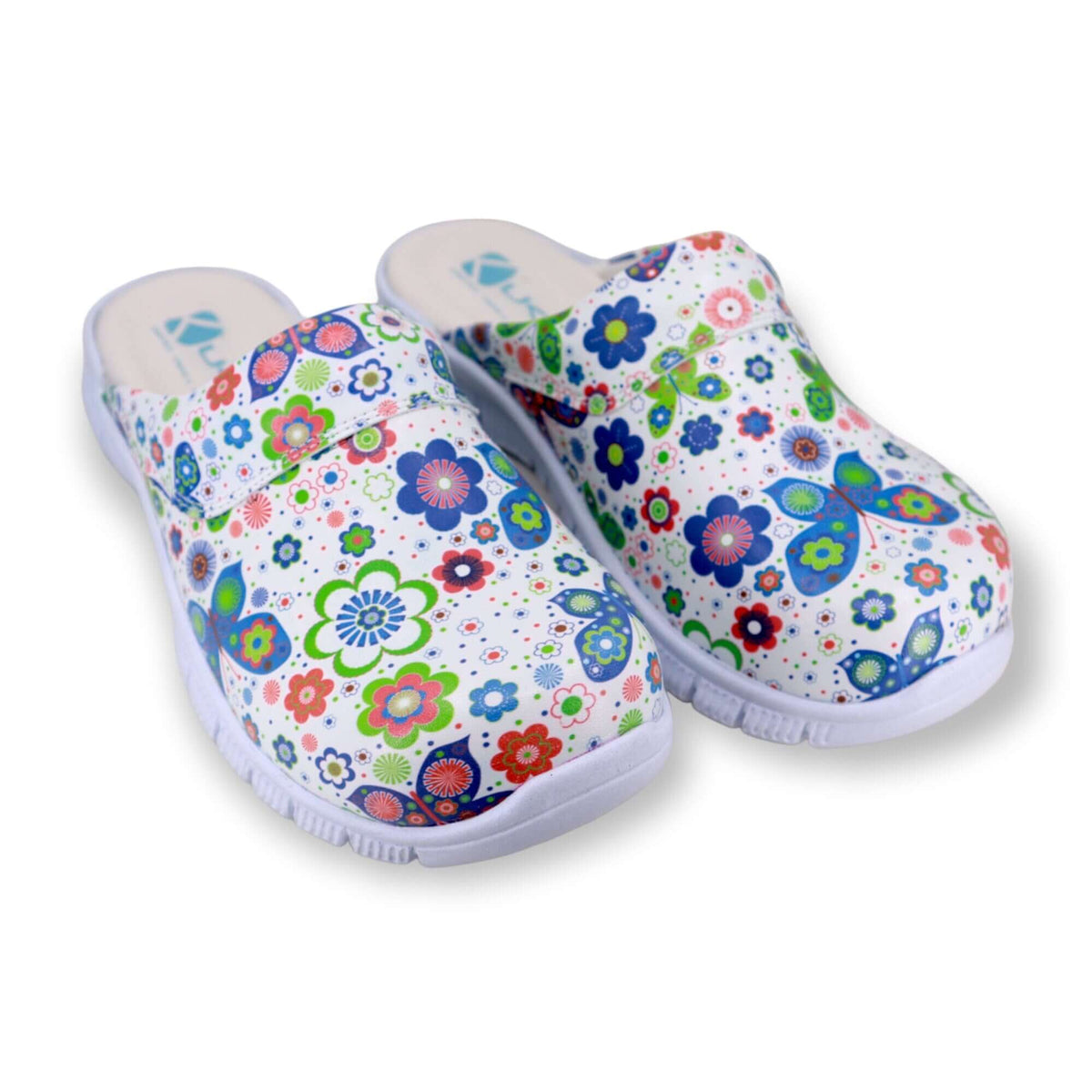 Angled three-quarter view of handmade butterfly design leather clogs with a Comfortflex sole