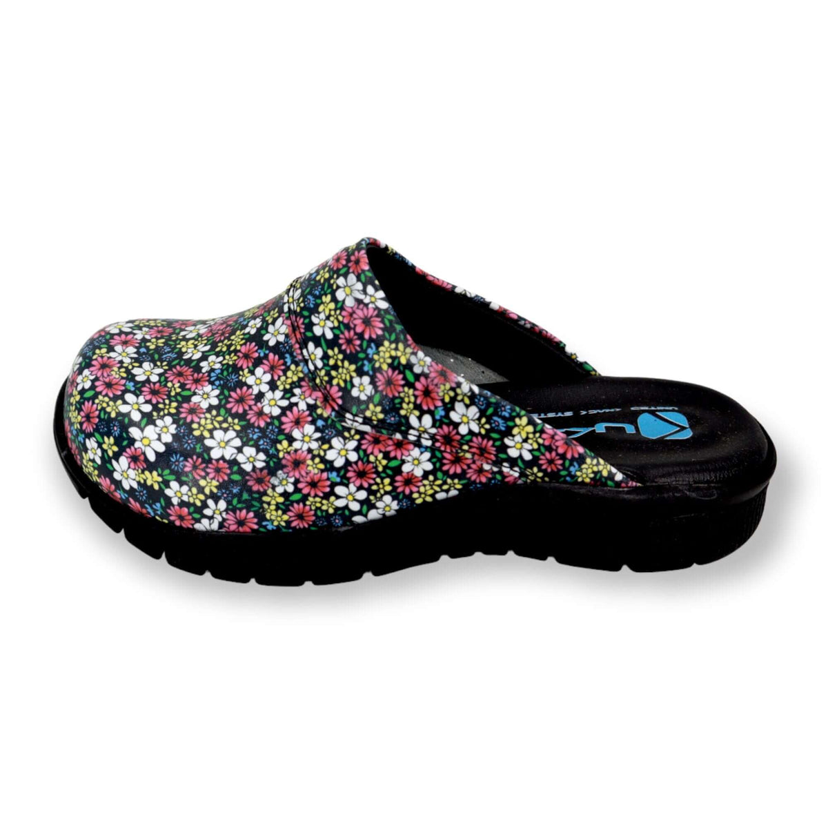 Sole and tread detail of handmade unisex purple flower leather clogs with a Comfortflex sole